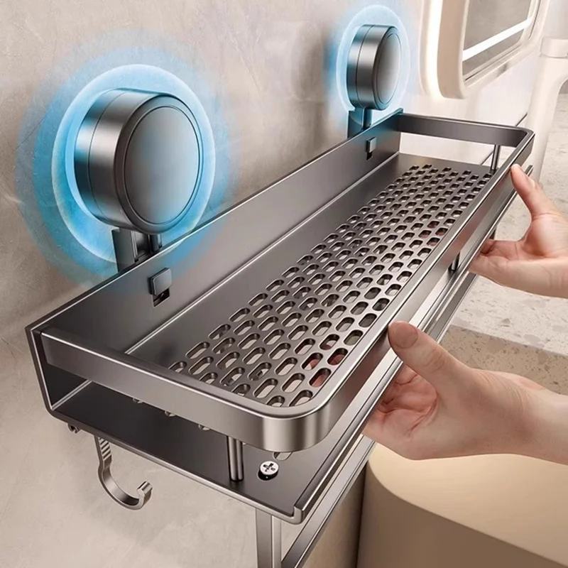 Suction Cup Bathroom Shelf 30cm Wall Mounted Storage Rack with Rod / Hooks for Toiletries
