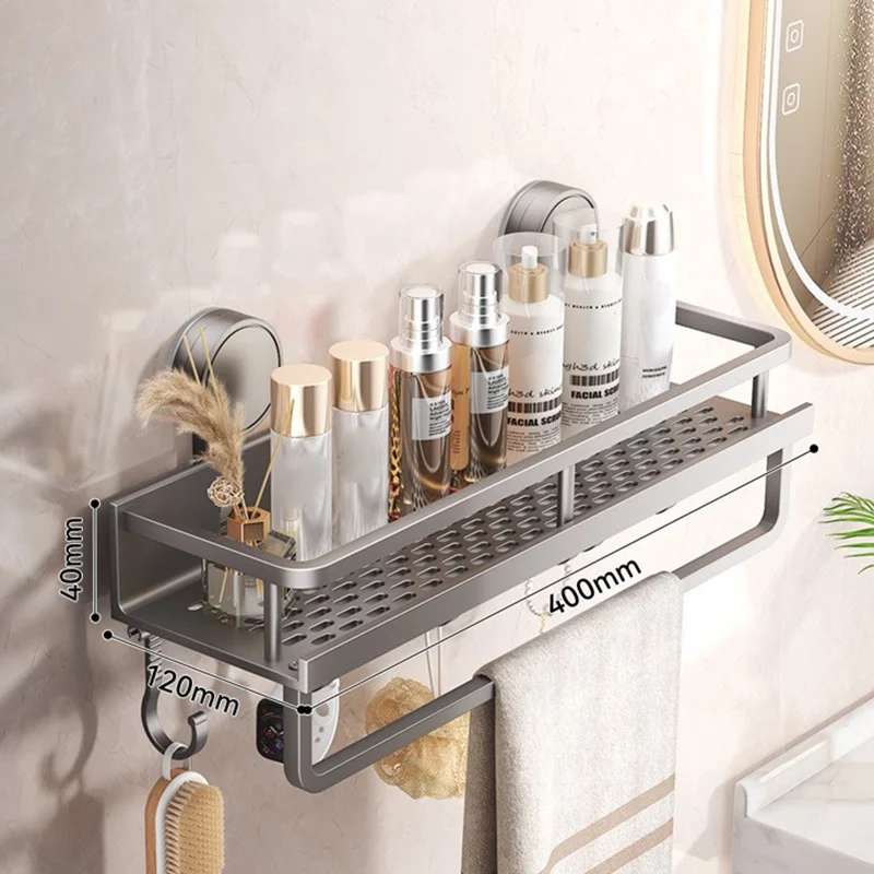 Suction Cup Bathroom Shelf 40cm Wall Mounted Storage Rack with Rod / Hooks for Toiletries