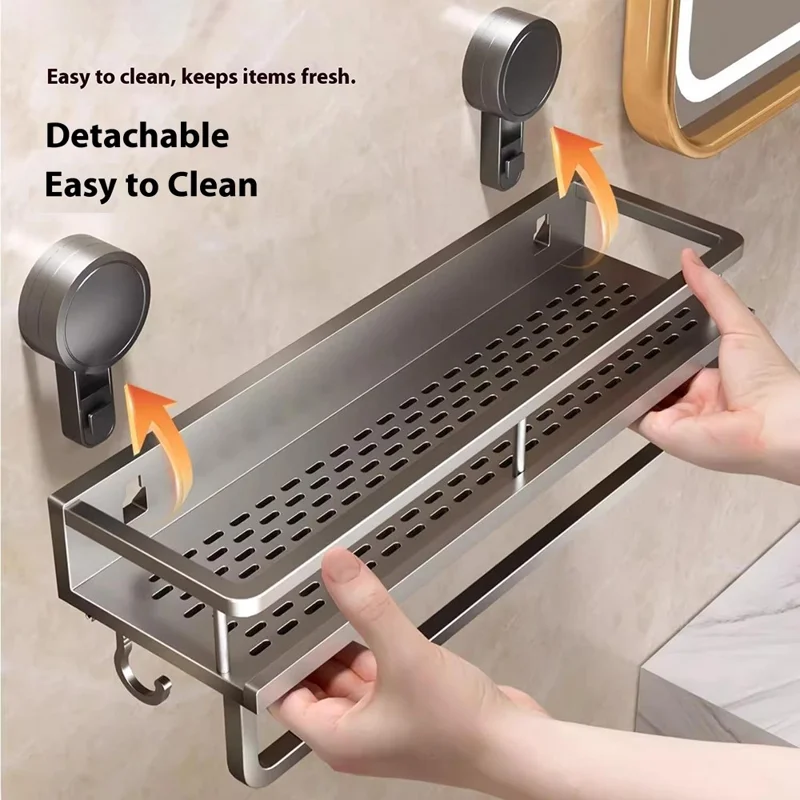 Suction Cup Bathroom Shelf 40cm Wall Mounted Storage Rack with Rod / Hooks for Toiletries