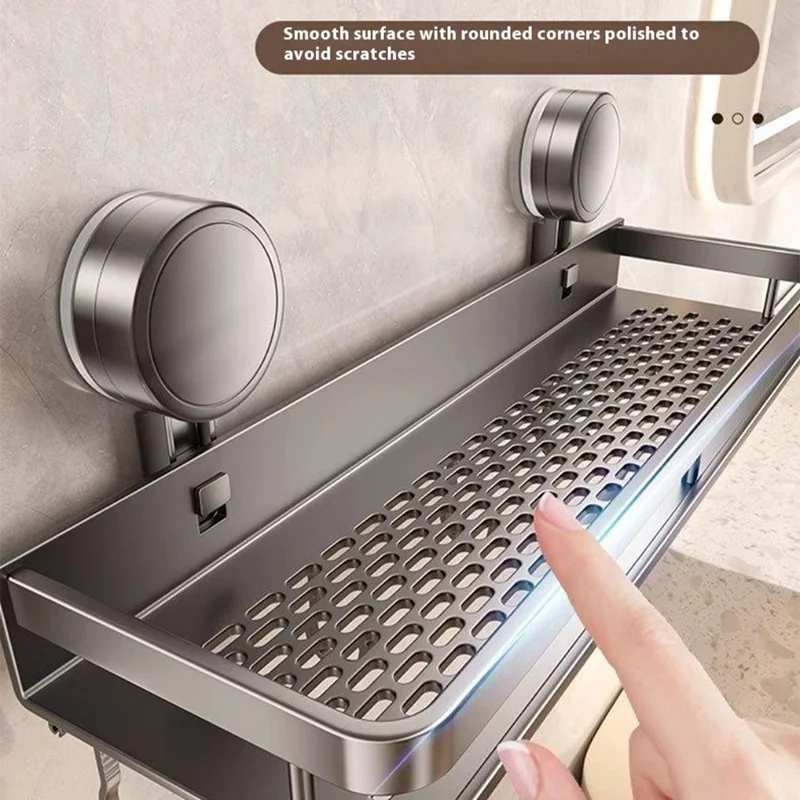 Suction Cup Bathroom Shelf 40cm Wall Mounted Storage Rack with Rod / Hooks for Toiletries