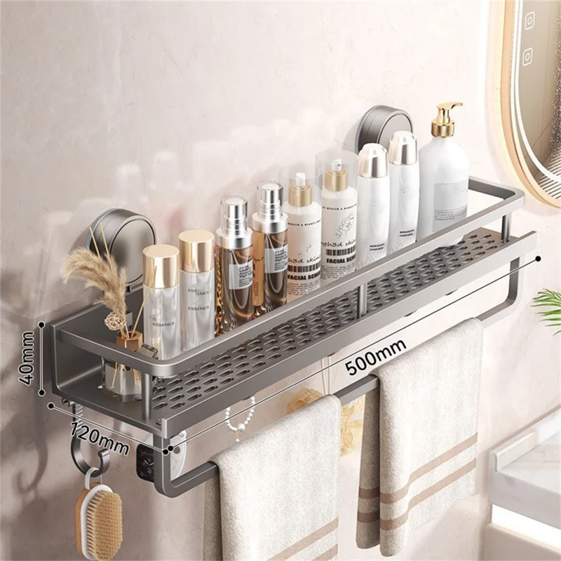 Suction Cup Bathroom Shelf 50cm Wall Mounted Storage Rack with Rod / Hooks for Toiletries