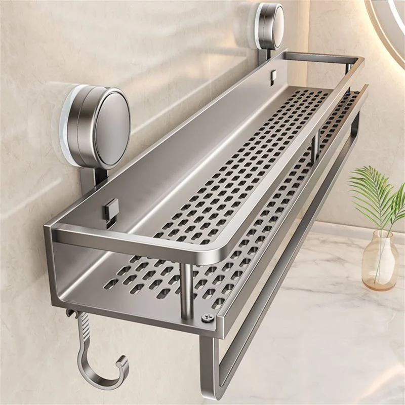 Suction Cup Bathroom Shelf 50cm Wall Mounted Storage Rack with Rod / Hooks for Toiletries