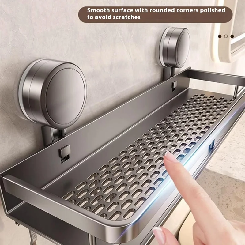 Suction Cup Bathroom Shelf 50cm Wall Mounted Storage Rack with Rod / Hooks for Toiletries