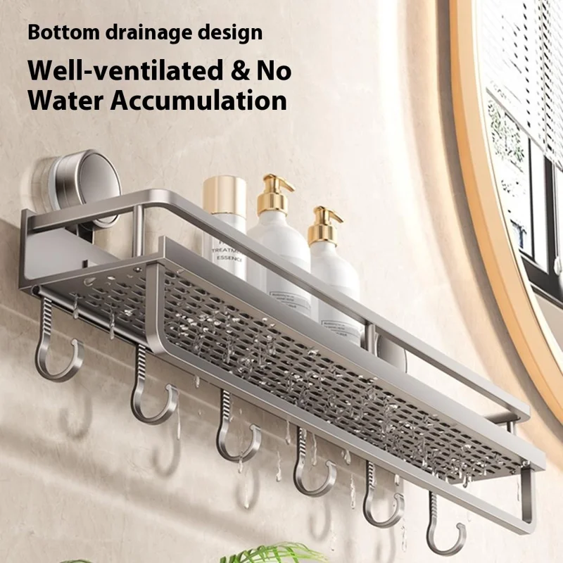 Suction Cup Bathroom Shelf 50cm Wall Mounted Storage Rack with Rod / Hooks for Toiletries