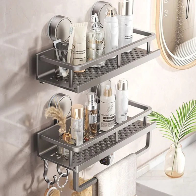 Suction Cup Bathroom Shelf 2-Tier 30cm Wall Mounted Storage Rack with Rod / Hooks No Drilling for Toiletries
