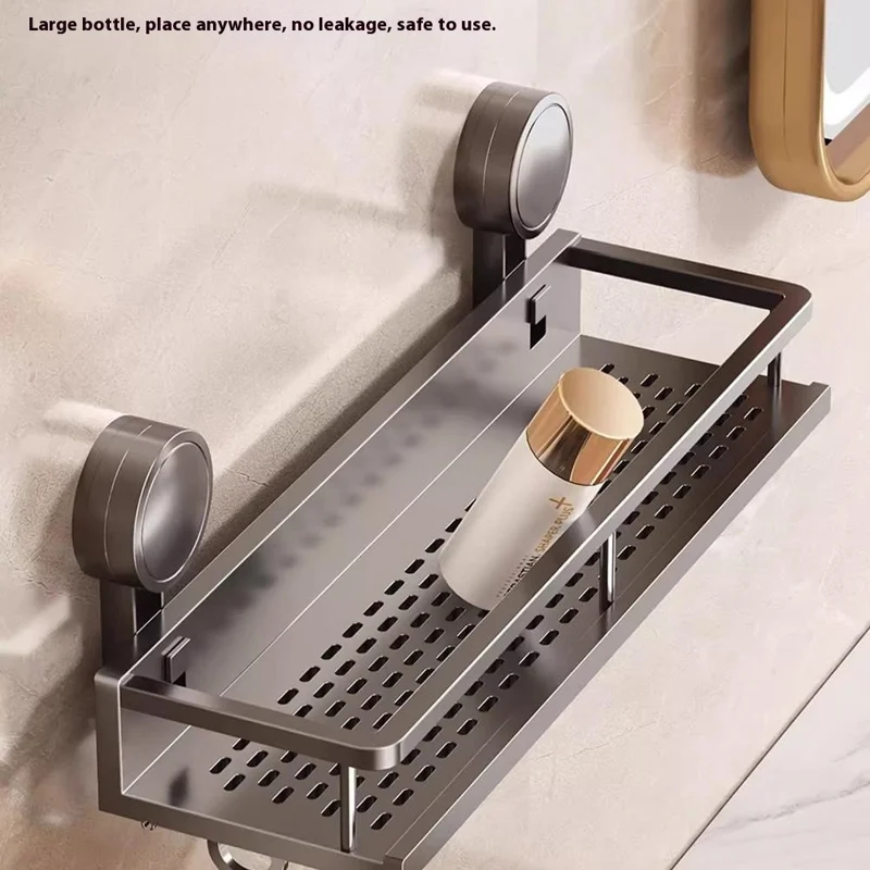 Suction Cup Bathroom Shelf 2-Tier 30cm Wall Mounted Storage Rack with Rod / Hooks No Drilling for Toiletries