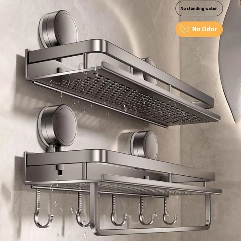 Suction Cup Bathroom Shelf 2-Tier 30cm Wall Mounted Storage Rack with Rod / Hooks No Drilling for Toiletries