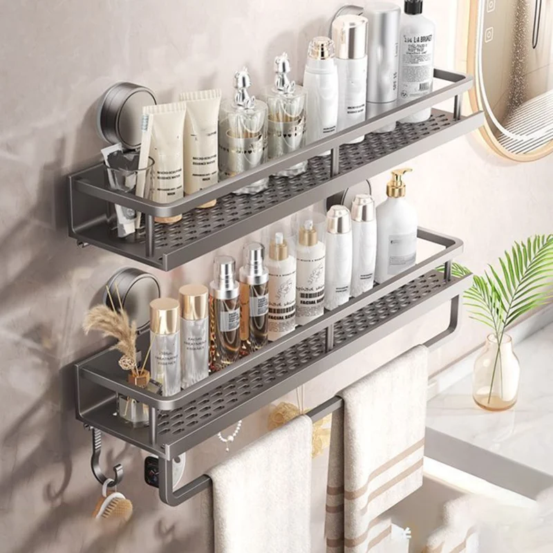 Suction Cup Bathroom Shelf 2-Tier 50cm Wall Mounted Storage Rack with Rod / Hooks No Drilling for Toiletries