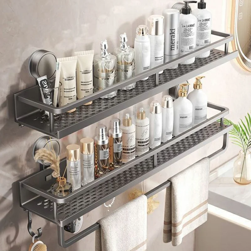 Suction Cup Bathroom Shelf 2-Tier 60cm Wall Mounted Storage Rack with Rod / Hooks No Drilling for Toiletries