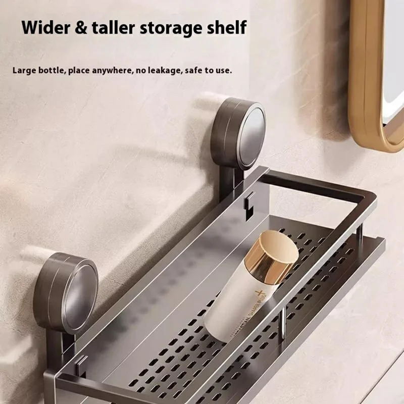 Suction Cup Bathroom Shelf 2-Tier 60cm Wall Mounted Storage Rack with Rod / Hooks No Drilling for Toiletries