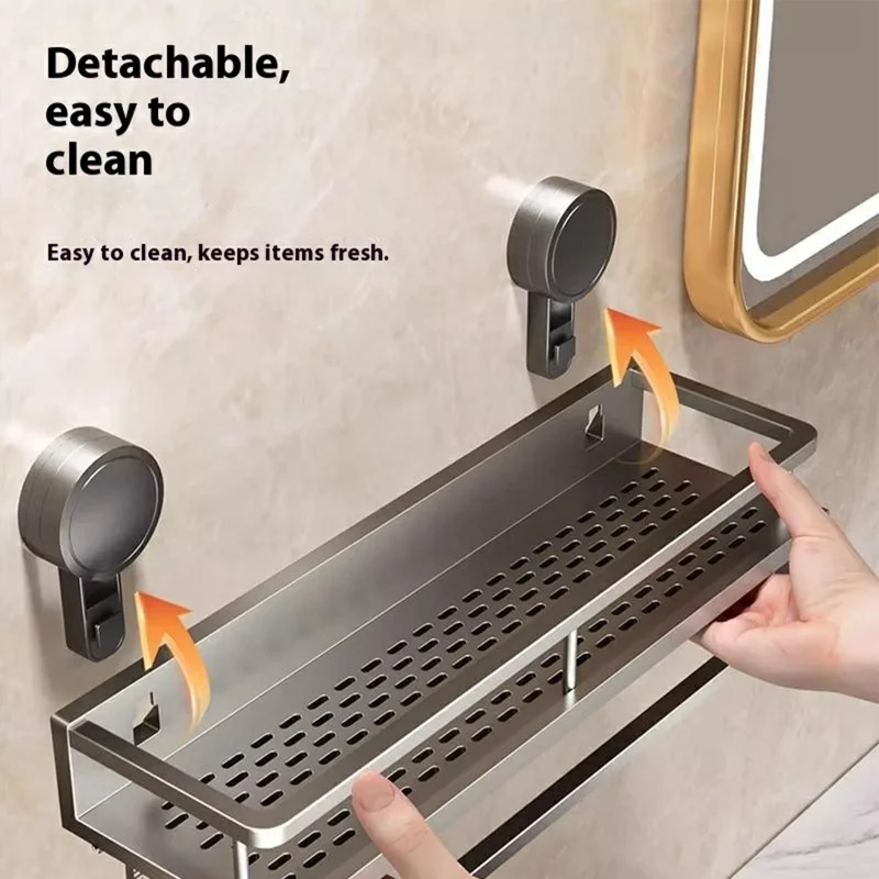 Suction Cup Bathroom Shelf 2-Tier 60cm Wall Mounted Storage Rack with Rod / Hooks No Drilling for Toiletries