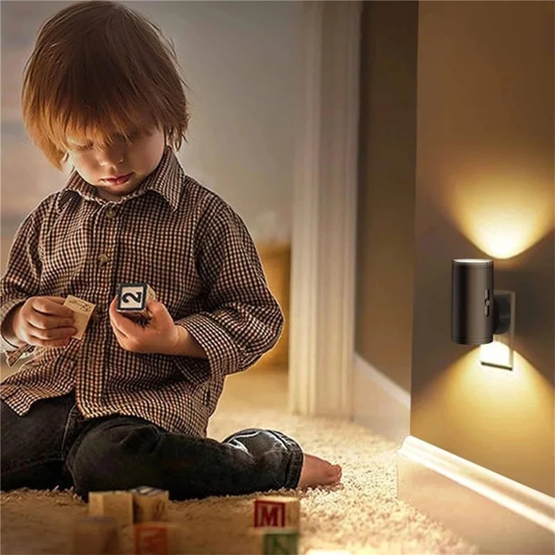 2Pcs Cylindrical Bedside Lamp Auto Sensor 3 Color Changing LED Night Light with Remote Control, EU Plug - Black