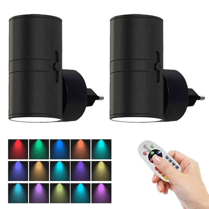 2Pcs RGB Cylindrical Mood Lamp for Bedroom Aluminum Shell LED Night Light with Remote Control, EU Plug - Black