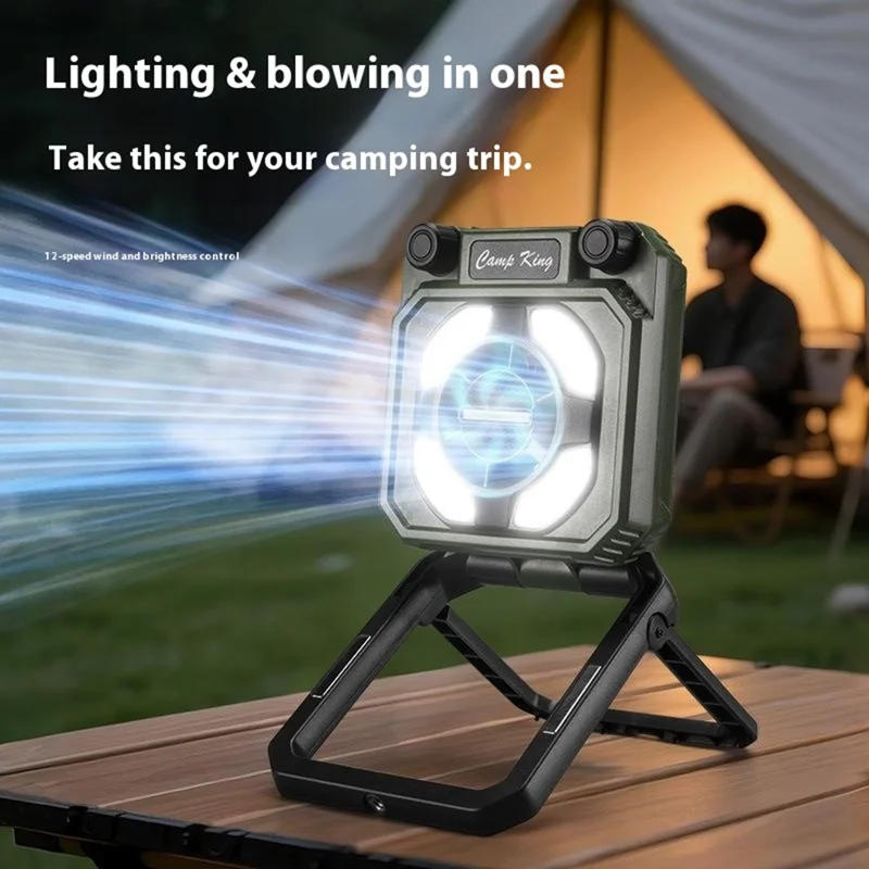 Camping Fan Light USB Rechargeable Portable Magnetic Tent Lamp with Digital Display - Army Green