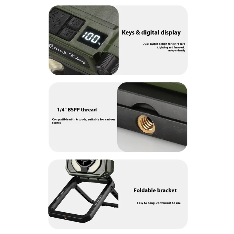 Camping Fan Light USB Rechargeable Portable Magnetic Tent Lamp with Digital Display - Army Green