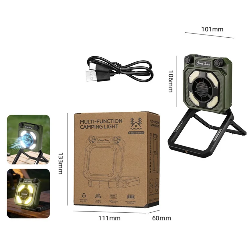 Camping Fan Light USB Rechargeable Portable Magnetic Tent Lamp with Digital Display - Army Green