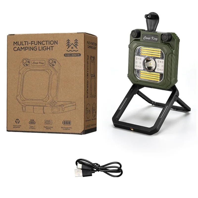 Camping Fan Light with Digital Display / Hand Crank USB Rechargeable Portable Magnetic Tent Lamp - Army Green