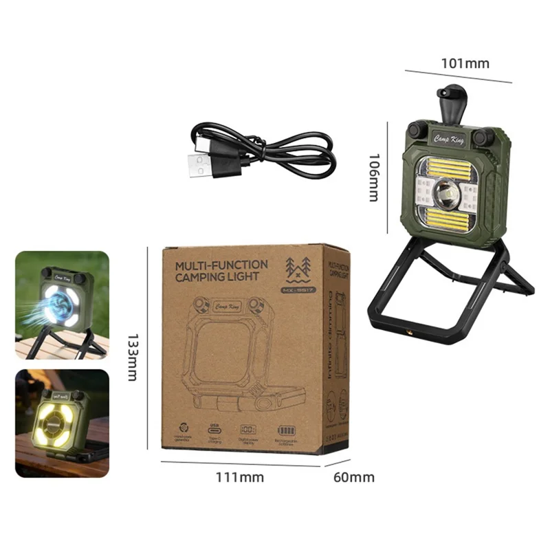 Camping Fan Light with Digital Display / Hand Crank USB Rechargeable Portable Magnetic Tent Lamp - Army Green