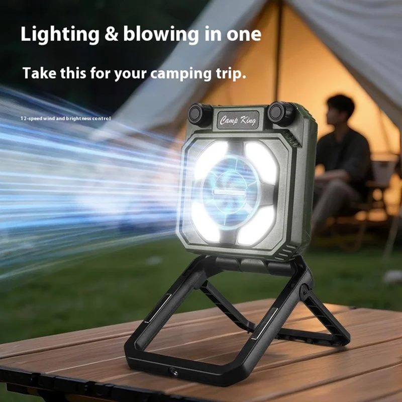 Camping Fan Light with Digital Display / Hand Crank USB Rechargeable Portable Magnetic Tent Lamp - Army Green