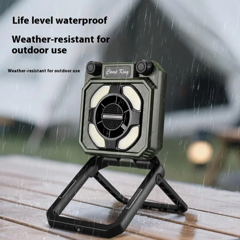 Camping Fan Light with Digital Display / Hand Crank USB Rechargeable Portable Magnetic Tent Lamp - Army Green