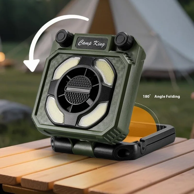 Camping Fan Light with Digital Display / Hand Crank USB Rechargeable Portable Magnetic Tent Lamp - Army Green