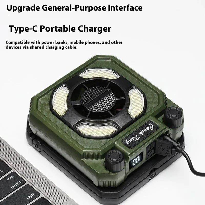 Camping Fan Light with Digital Display / Hand Crank USB Rechargeable Portable Magnetic Tent Lamp - Army Green