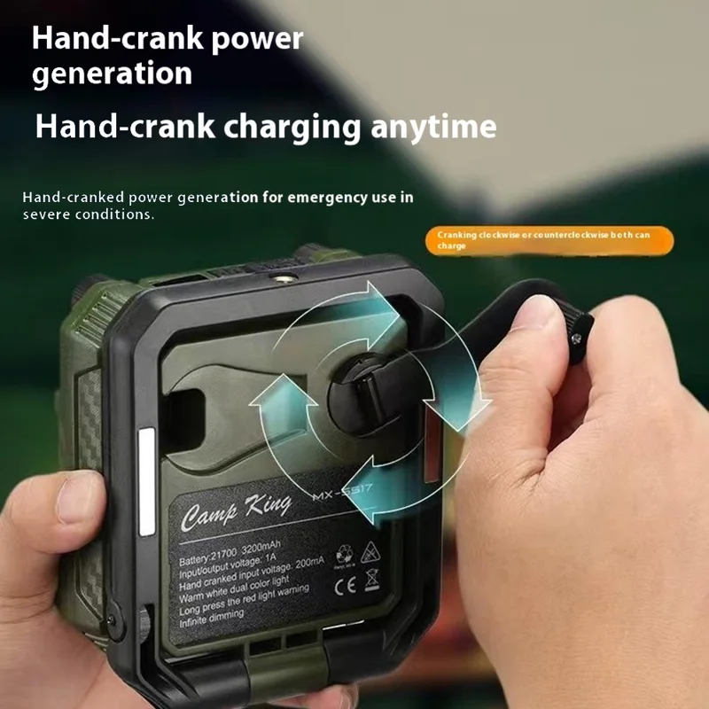 Camping Fan Light with Digital Display / Hand Crank USB Rechargeable Portable Magnetic Tent Lamp - Army Green