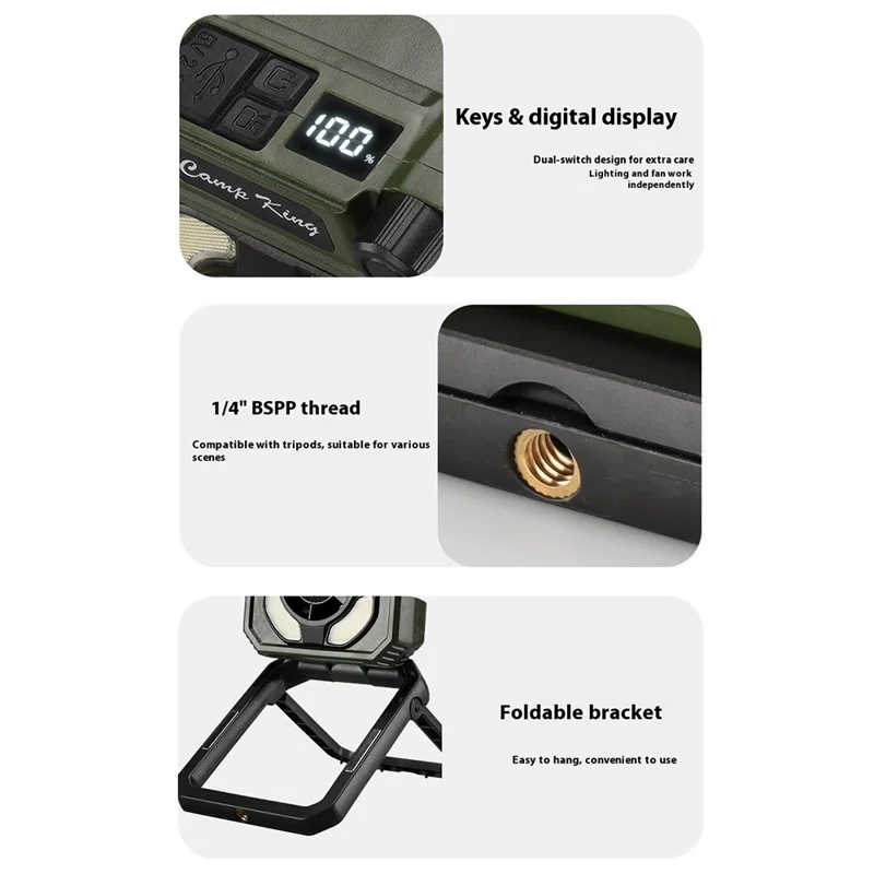 Camping Fan Light with Digital Display / Hand Crank USB Rechargeable Portable Magnetic Tent Lamp - Army Green