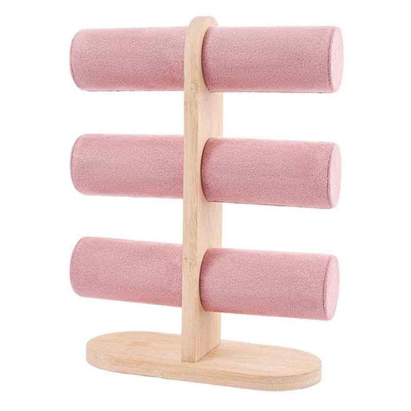 Bracelet Display Stand Multi Layer Jewelry Organizer Rack with Wooden Base for Necklaces Bangles - Pink