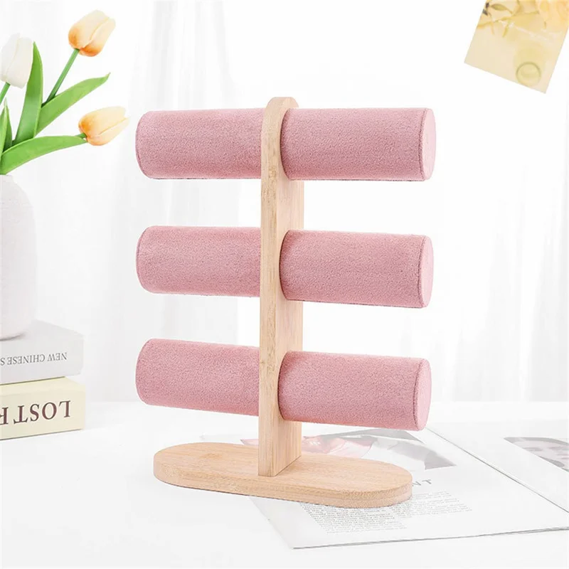 Bracelet Display Stand Multi Layer Jewelry Organizer Rack with Wooden Base for Necklaces Bangles - Pink