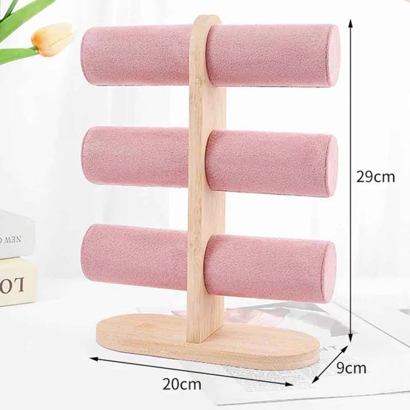 Bracelet Display Stand Multi Layer Jewelry Organizer Rack with Wooden Base for Necklaces Bangles - Pink