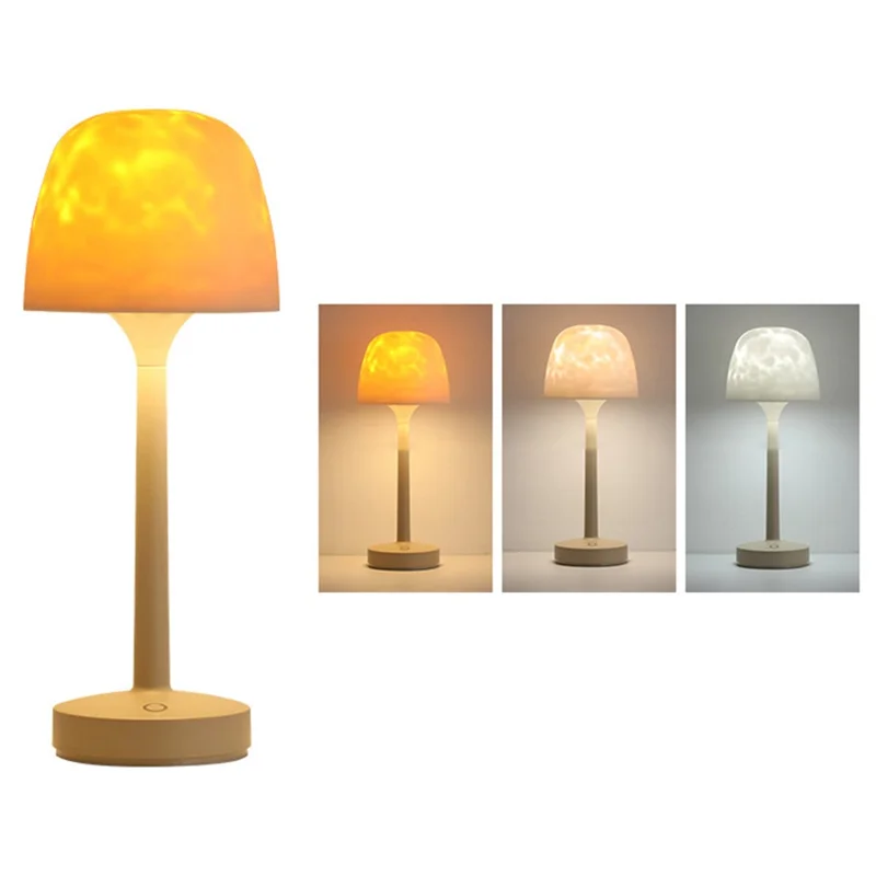 3 Color Temperatures Ocean Wave Projector Table Lamp USB Rechargeable Cordless Night Light Dimmable Touch Desk Lamp