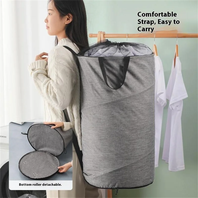 Foldable Rolling Laundry Hamper Large Capacity Oxford Fabric Clothes Basket with Wheels and Straps - Grey