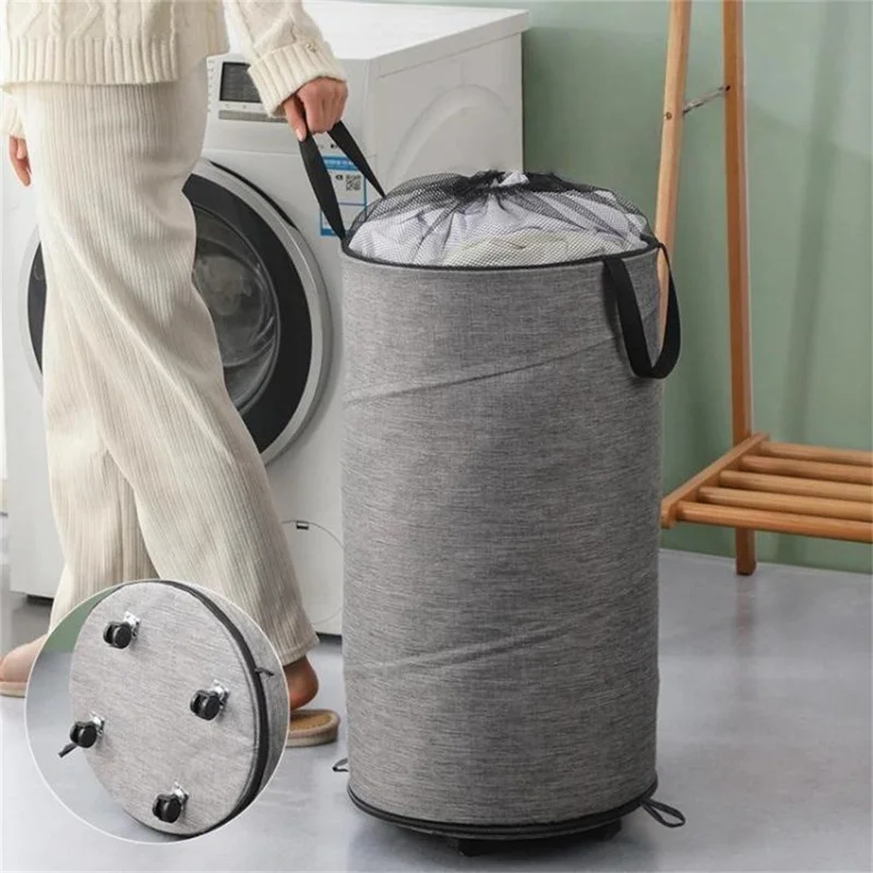 Foldable Rolling Laundry Hamper Large Capacity Oxford Fabric Clothes Basket with Wheels and Straps - Grey
