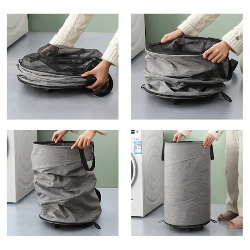 Foldable Rolling Laundry Hamper Large Capacity Oxford Fabric Clothes Basket with Wheels and Straps - Grey
