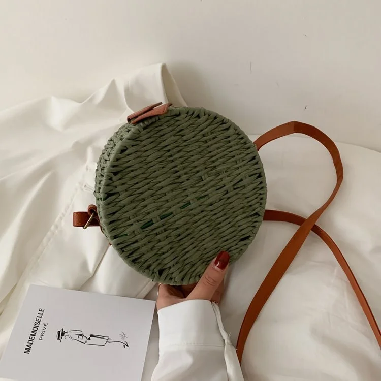 Bolsa de Vime Redonda do Redonda de Sacolas Chiques Naturais Retro Crossbody Bag Com Cinta Ajustável/fechamento Magnético Para Mulheres Meninas - Verde