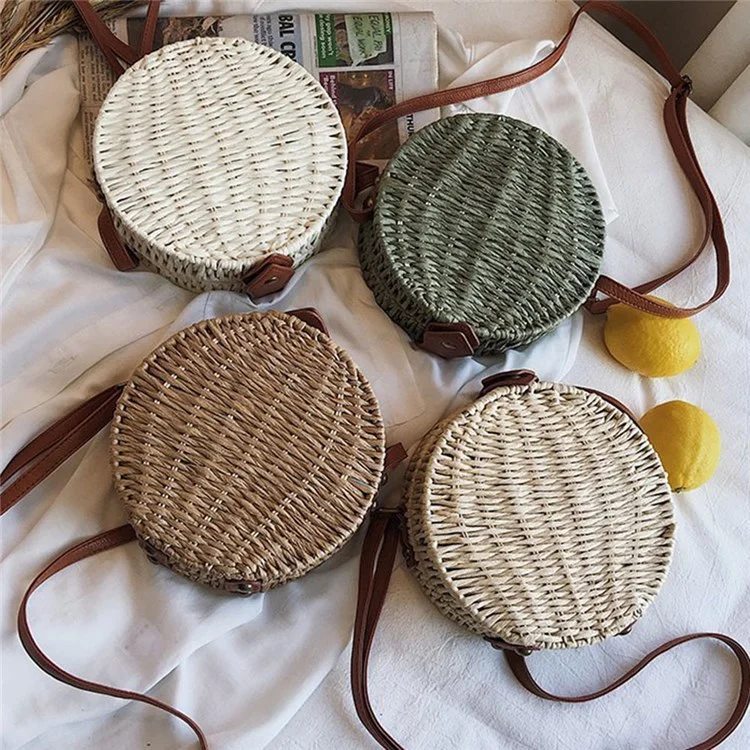 Handwoven Round Rattan Bag Natural Chic Bags Retro Crossbody Shoulder Bag with Adjustable Strap/Magnetic Closure for Women Girls - Green