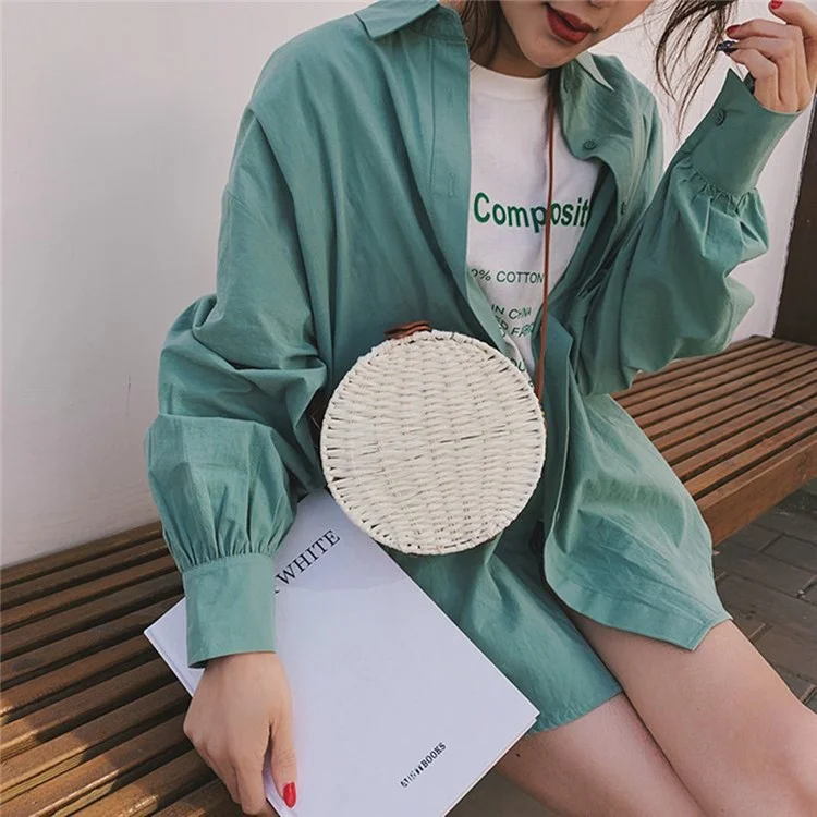 Handwoven Round Rattan Bag Natural Chic Bags Retro Crossbody Shoulder Bag with Adjustable Strap/Magnetic Closure for Women Girls - Green