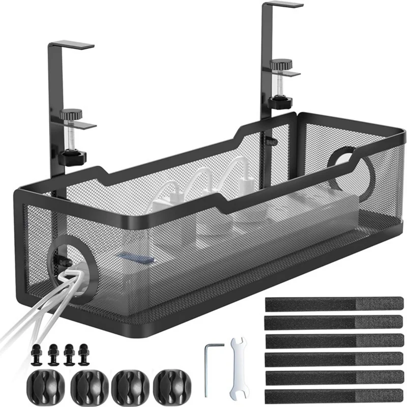 Adjustable Under Desk Storage Basket Drill Free Carbon Steel Hanging Organizer for Router Books - Black