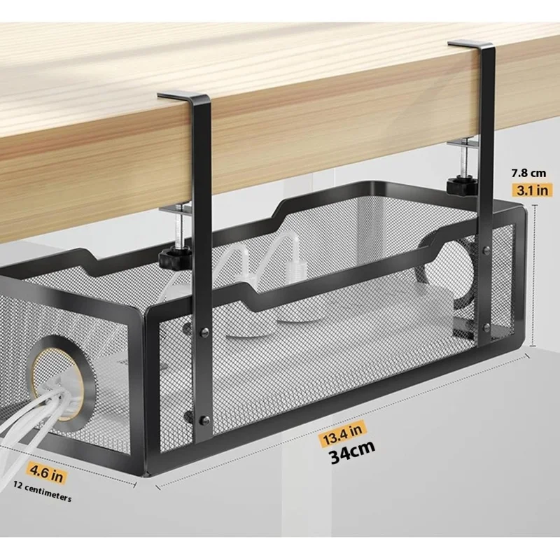 Adjustable Under Desk Storage Basket Drill Free Carbon Steel Hanging Organizer for Router Books - Black