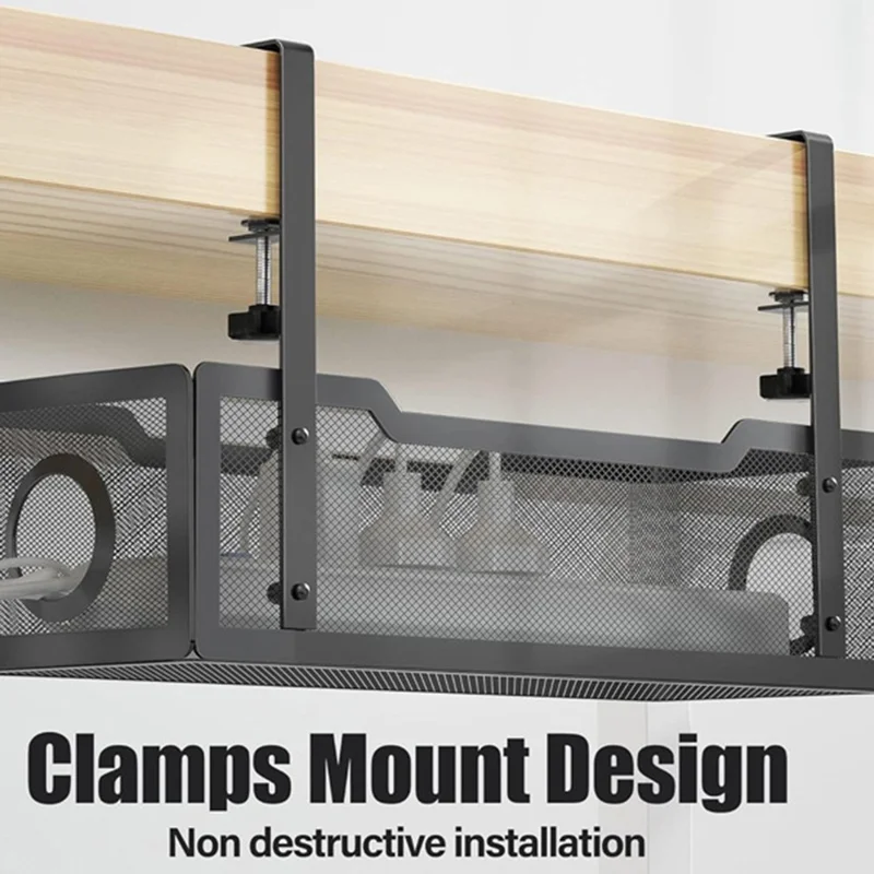 Adjustable Under Desk Storage Basket Drill Free Carbon Steel Hanging Organizer for Router Books - Black