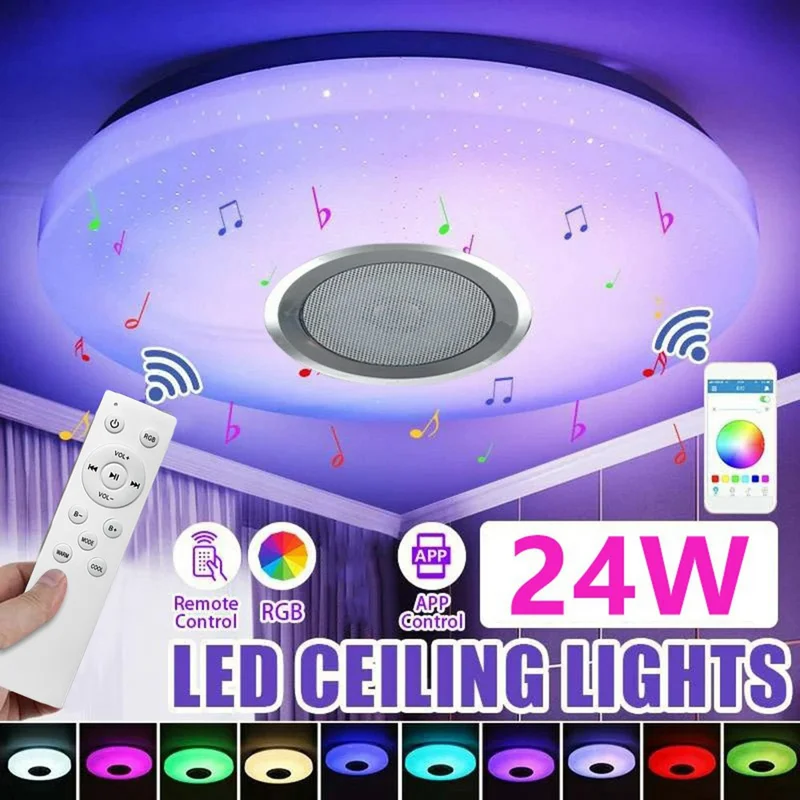 Round LED Music Ceiling Light  38CM 24W Bluetooth-Compatible Smart RGB Colorful Lamp Support Remote / APP Control