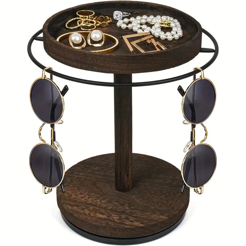 Wooden Sunglasses Organizer Jewelry Storage Eyewear Rotating Display Stand with Tray