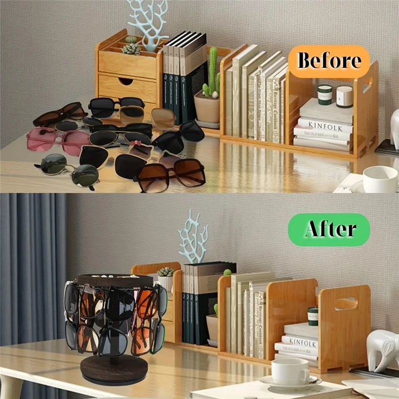 Wooden Sunglasses Organizer Jewelry Storage Eyewear Rotating Display Stand with Tray