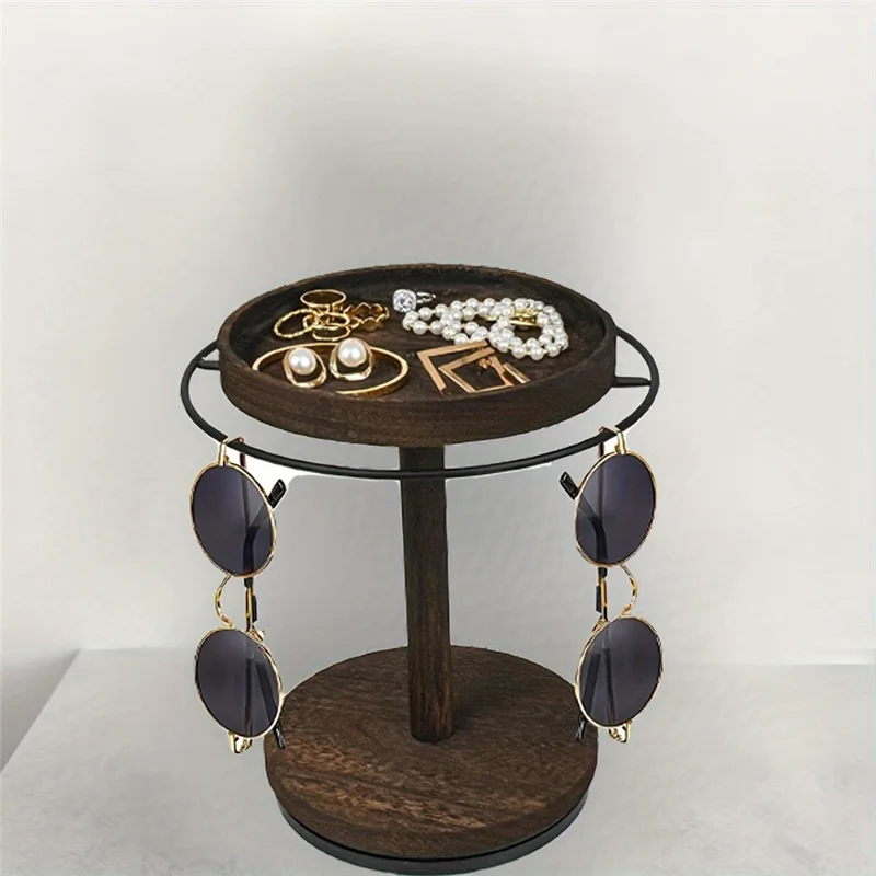 Wooden Sunglasses Organizer Jewelry Storage Eyewear Rotating Display Stand with Tray