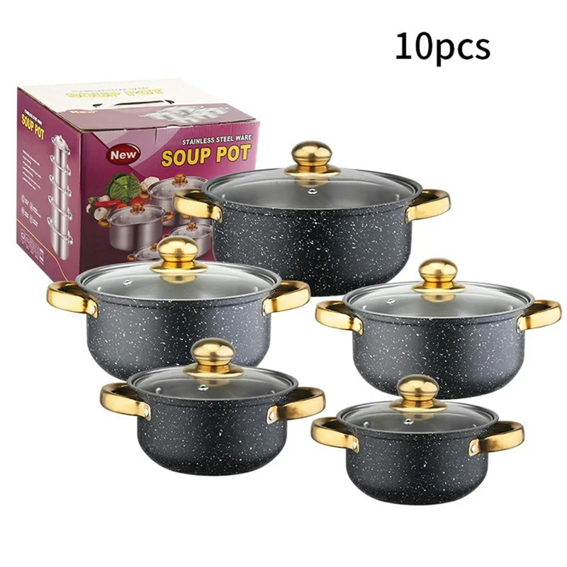 5PCS Stainless Steel Cookware Set 18-26 cm Soup Pot Steamer, Maifanite Outer Coating with 5PCS Glass Lids - Speckled Black