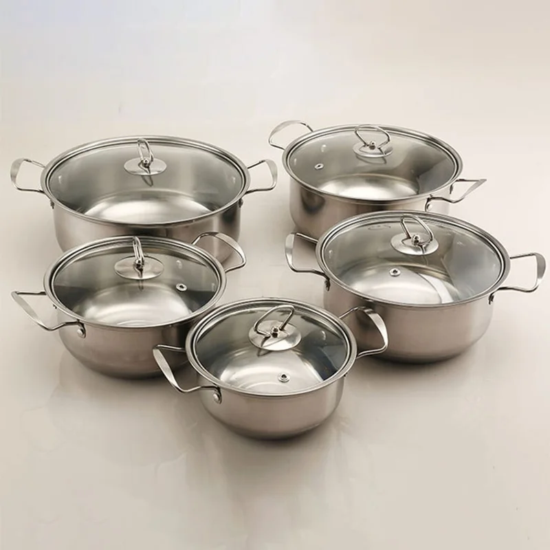 5PCS Stainless Steel Cookware Set Soup Pot Steamer Wire Handle (18 / 20 / 22 / 24 / 26cm) with 5PCS Glass Lids - Silver