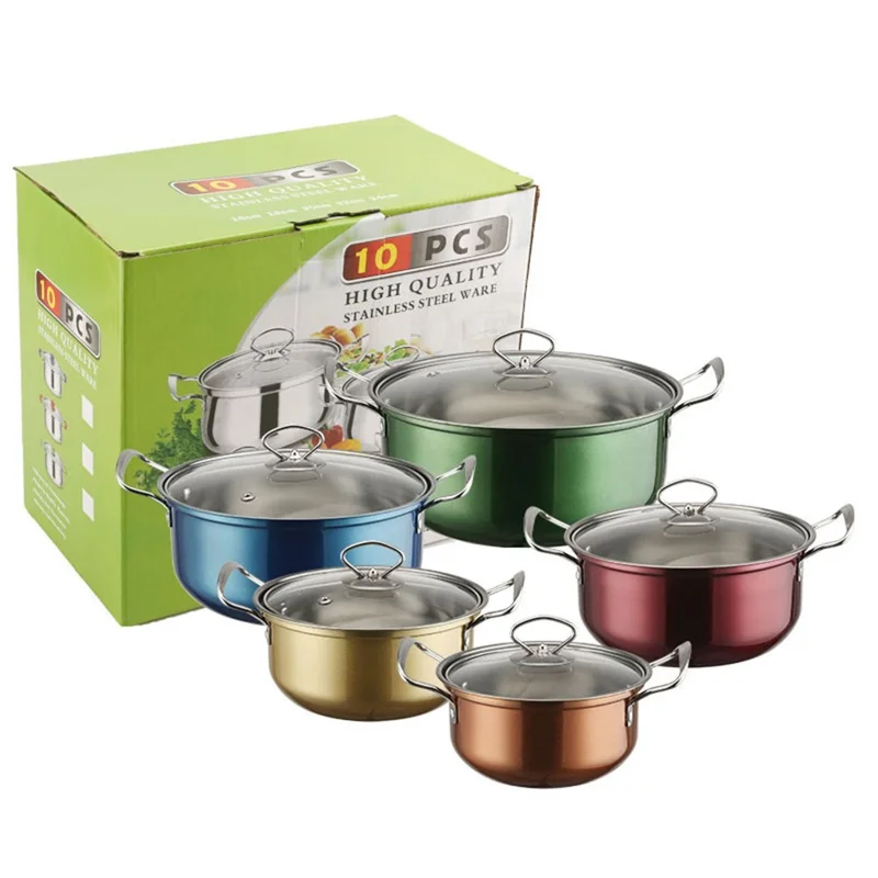 5PCS Stainless Steel Cookware Set Wire Handle 18-26cm Colorful Soup Pots Steamer with 5PCS Glass Lids