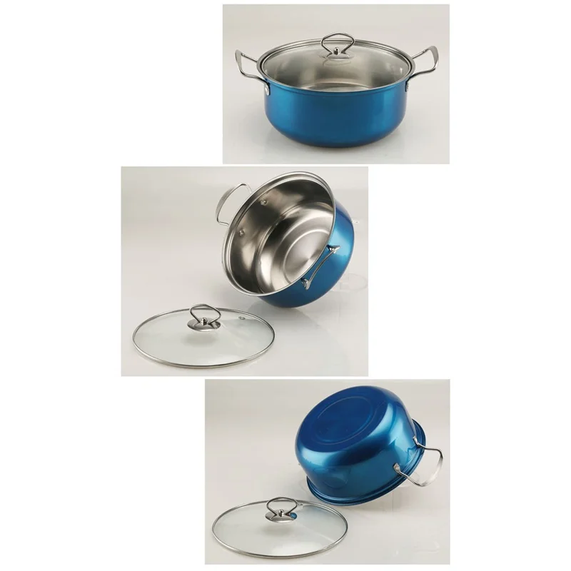 5PCS Stainless Steel Cookware Set Wire Handle 18-26cm Colorful Soup Pots Steamer with 5PCS Glass Lids