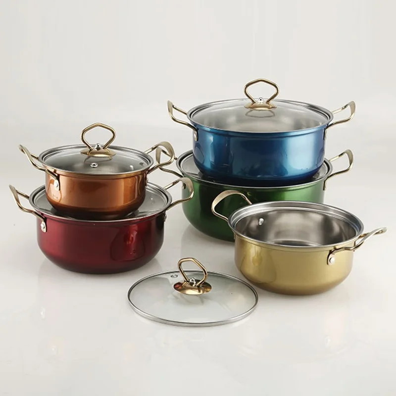 5PCS Stainless Steel Cookware Set Wire Handle 18-26cm Colorful Soup Pots Steamer with 5PCS Glass Lids